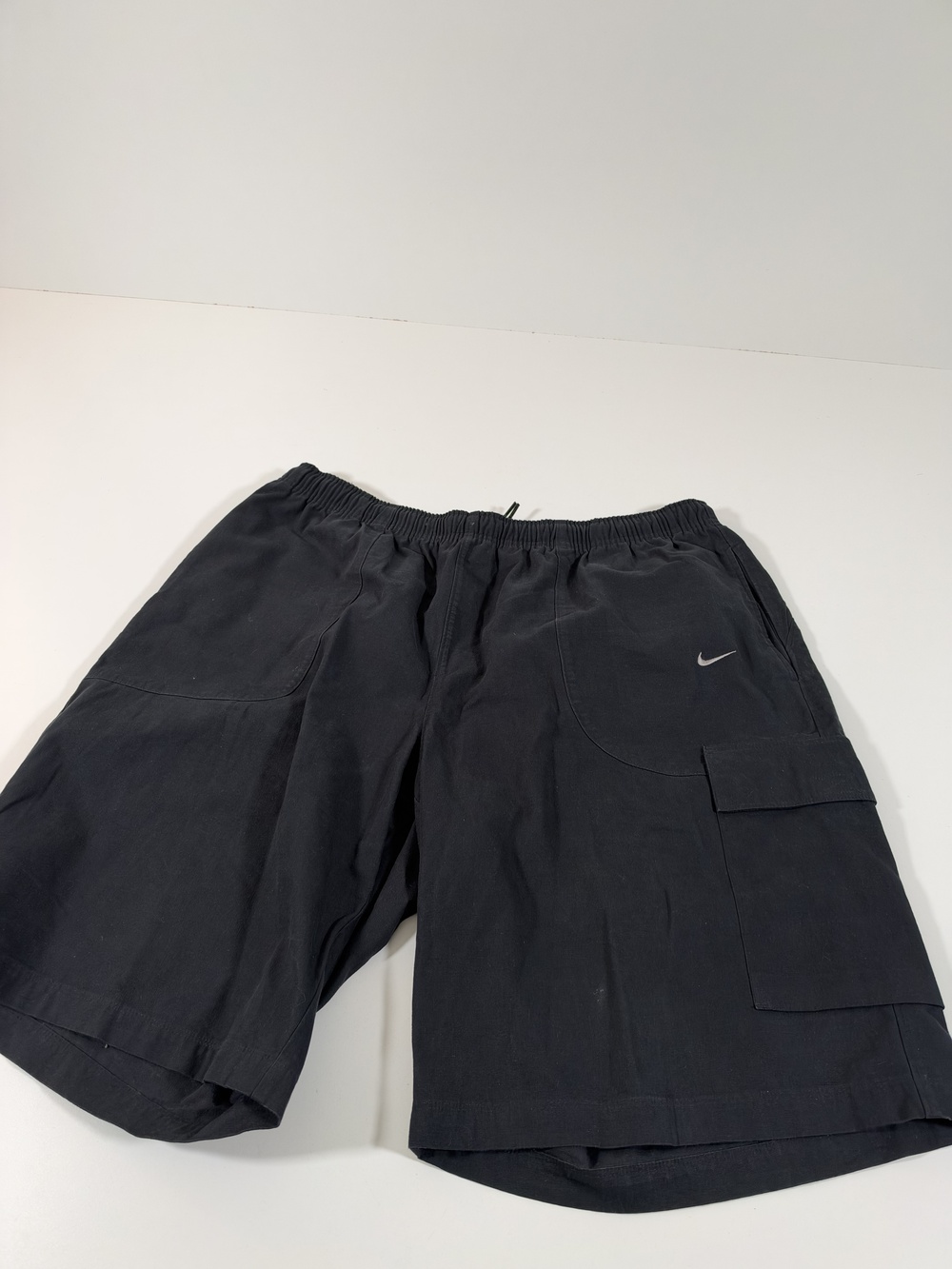 Y2K Nike Cargo Shorts Mens 2XL Black Canvas 11" Inseam Elastic Waist Drawstring